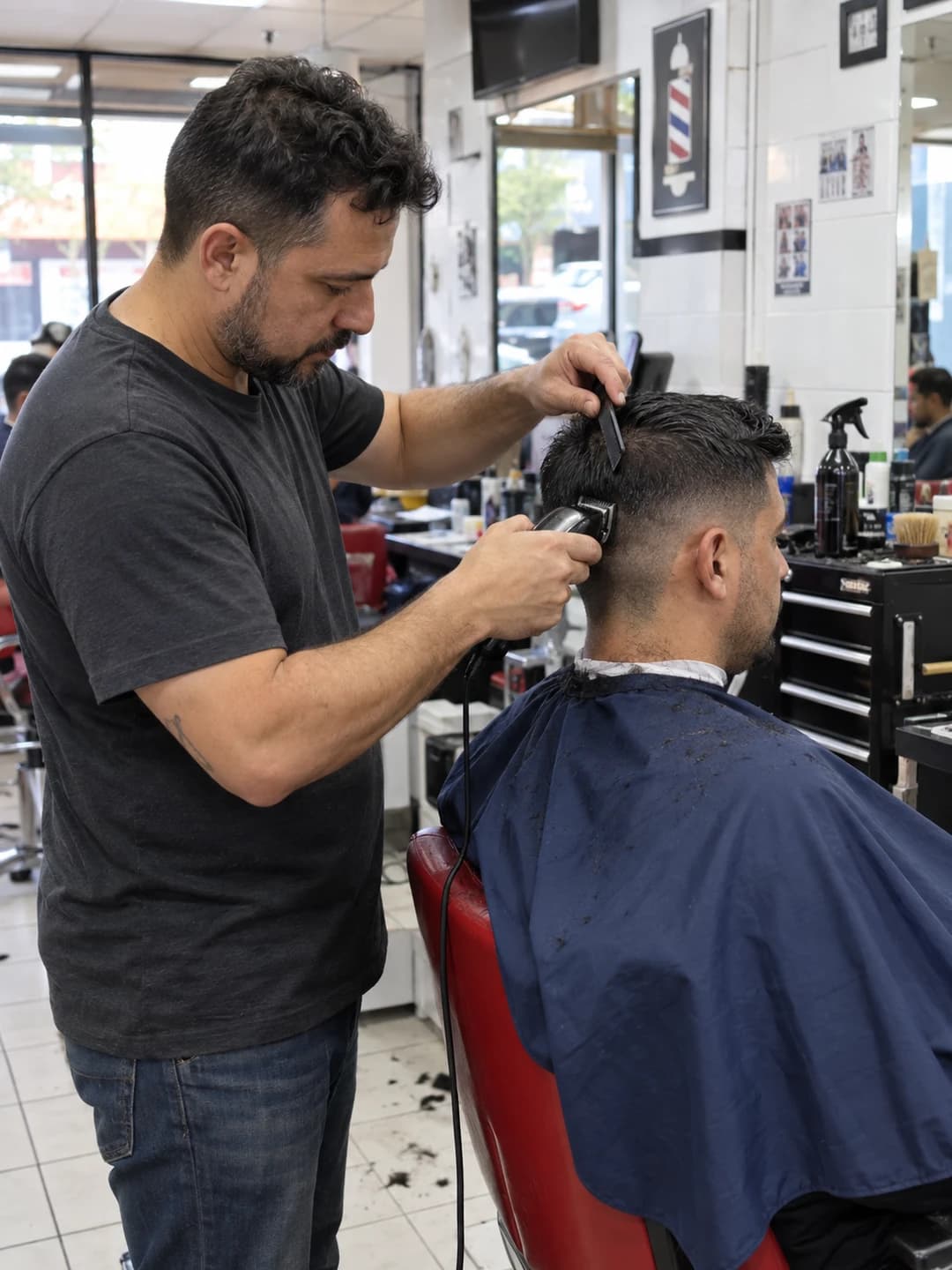 Barber using clippers during a client's haircut