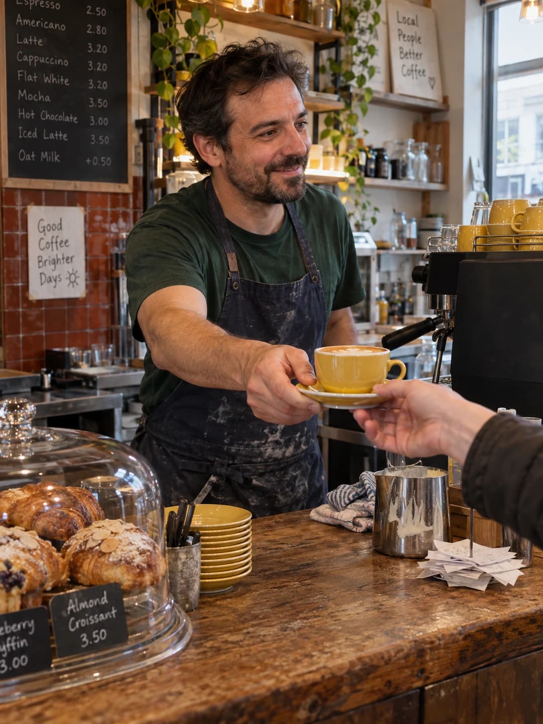 Café owner passing a cup and saucer to a customer