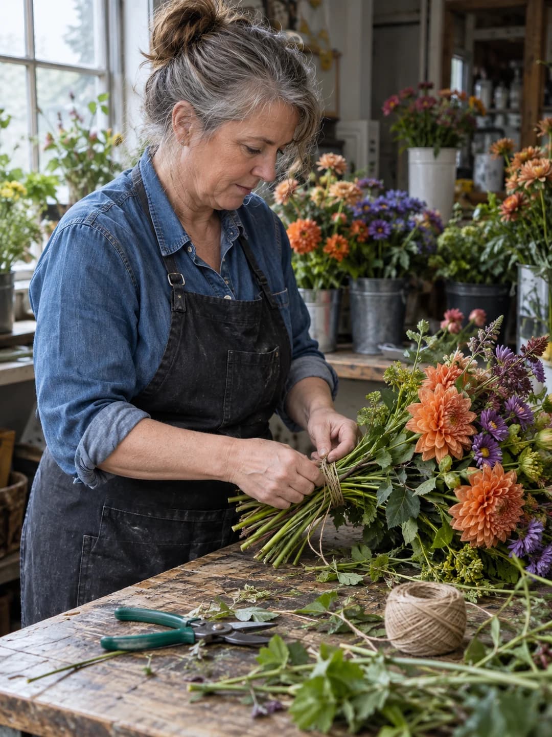 Florist tying a colourful bouquet at her workbench