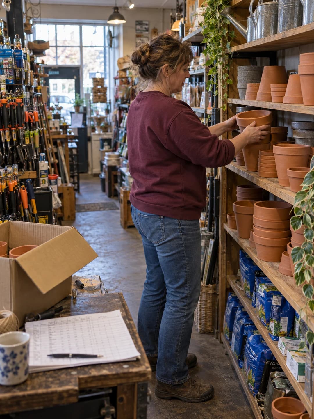 Shop owner arranging terracotta pots on a shelf