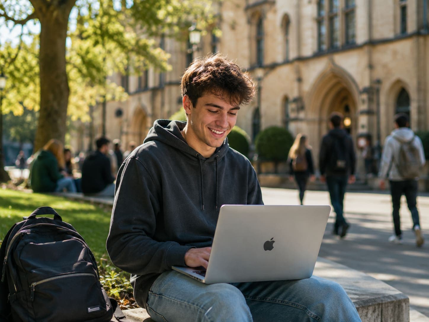 A student sitting outside a university building working on a laptop.